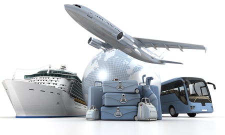 11474658 - 3d rendering of a world globe, an airplane, a cruise ship and a coach bus with a high key pile of luggage